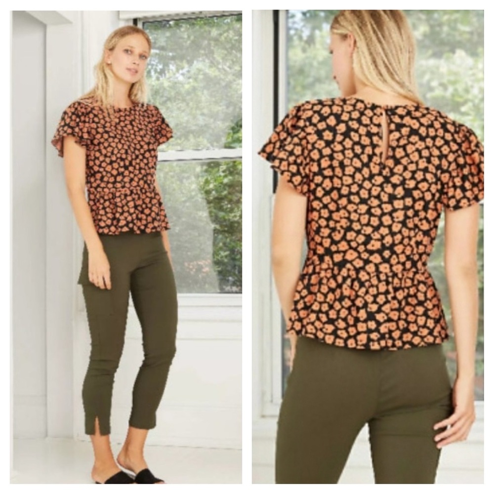 Linen Blend Ditzy Floral Leopard Print Ruffle Blouse - Picture 4 of 13